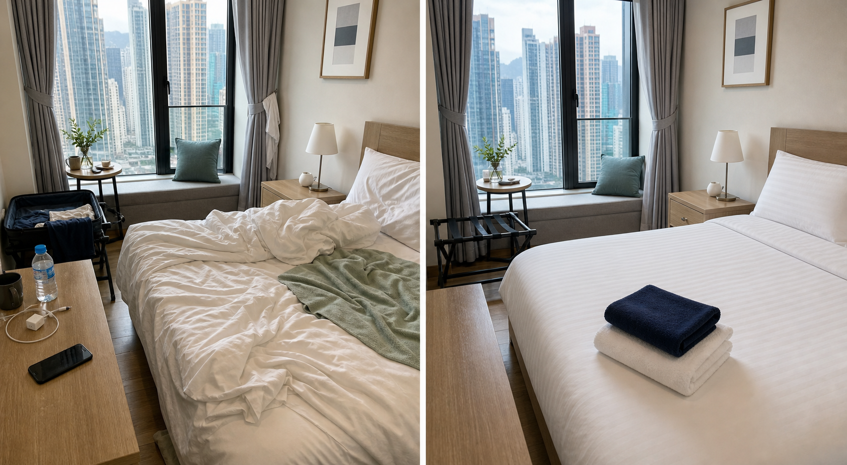 Before and after view of a Hong Kong Airbnb bedroom turnover