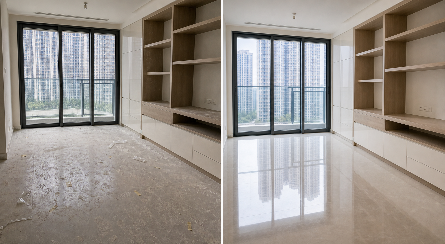 Before and after view of Hong Kong post-renovation cleaning